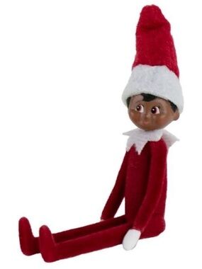 Red Plush Holiday Elf Doll with Dark Skin-Tone Face